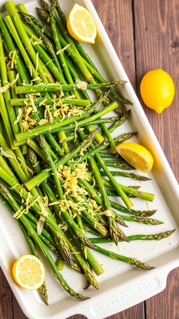 Baked asparagus with Parmesan cheese on a baking sheet with lemon wedges, ready to serve.